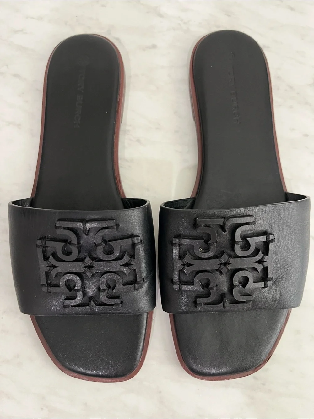 Tory Burch Ines Slide Sandals Black Leather Double T Logo Slides Size 8.5